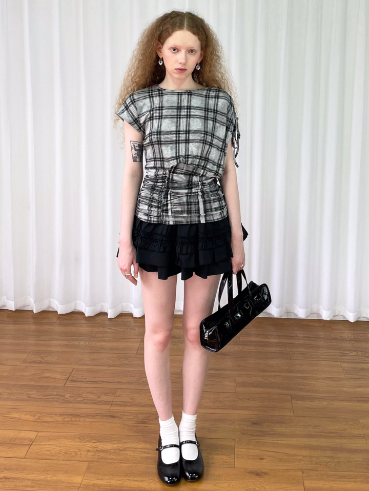 【Loose Smell】Drawstring Check Shirring Top