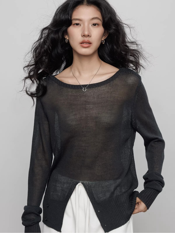 Front Slit Sheer Knit Top