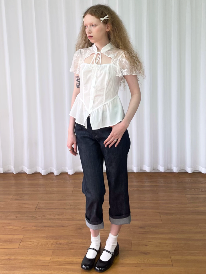 【Loose Smell】Lace Yoke Peplum Blouse