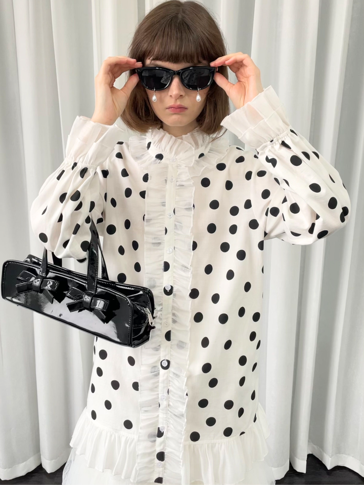 【Loose Smell】Polka Dot Frill Stand Collar Blouse