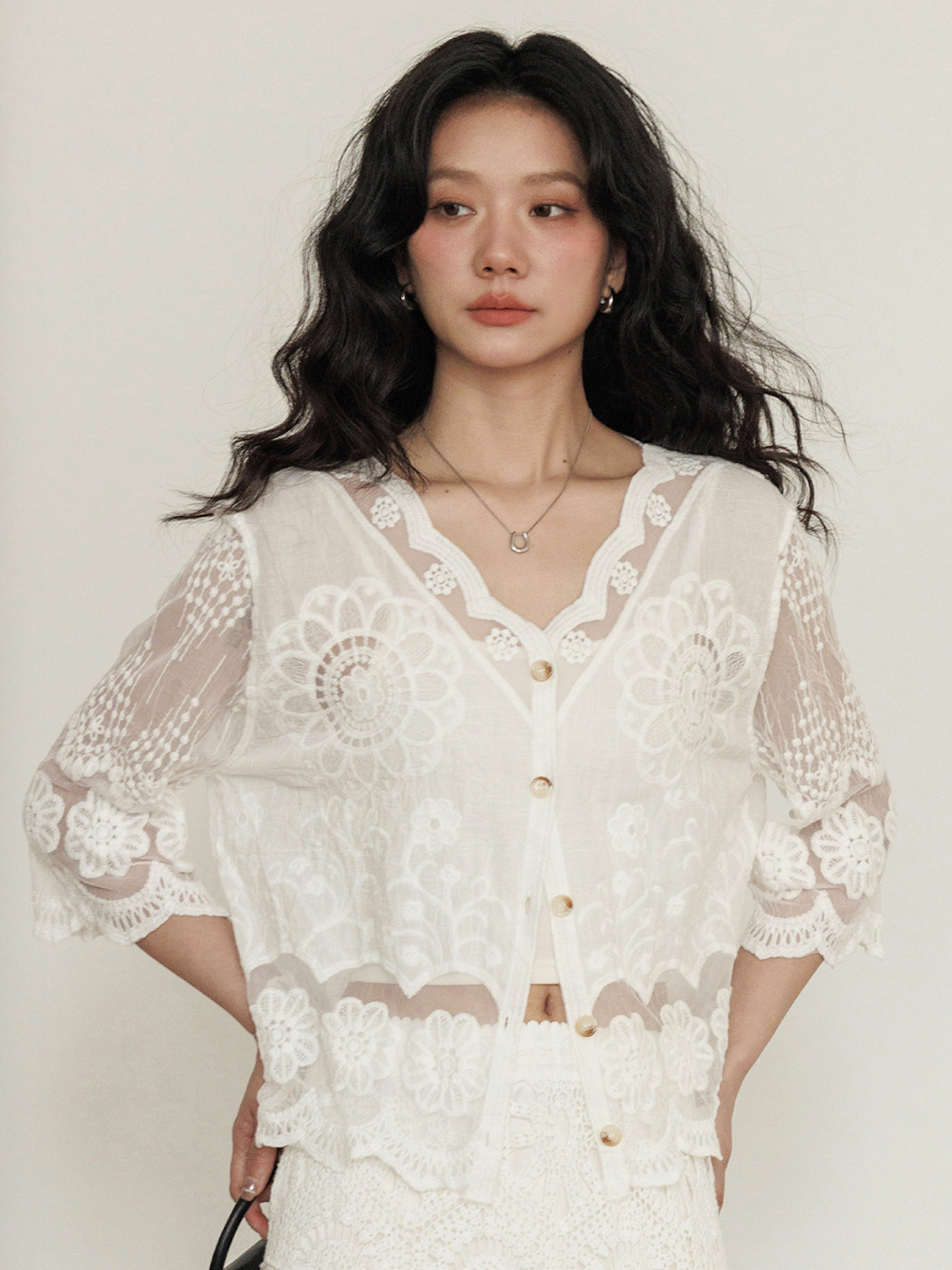 Sheer Floral Lace Cardigan Blouse