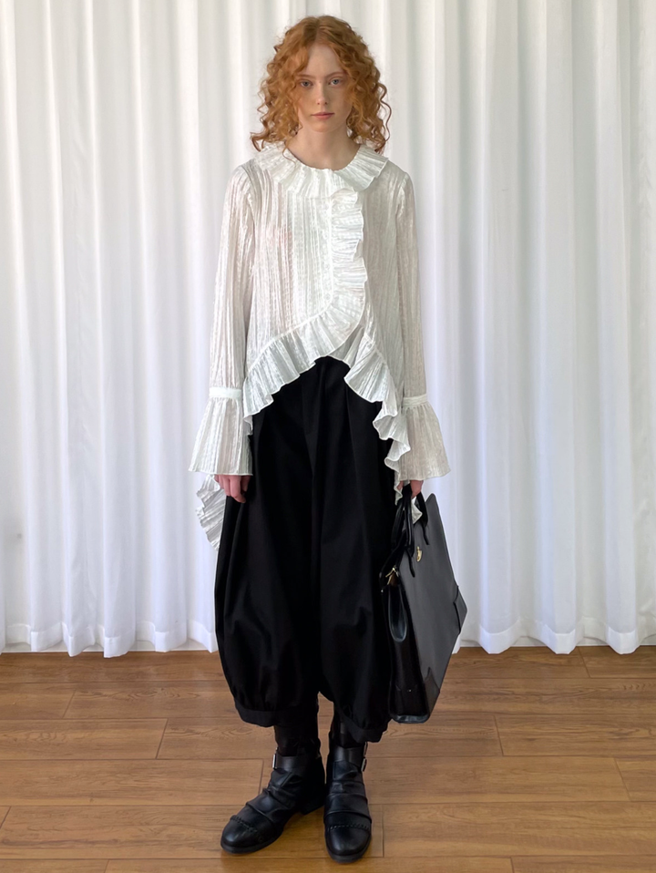 【Loose Smell】Pleated Ruffle Long Blouse