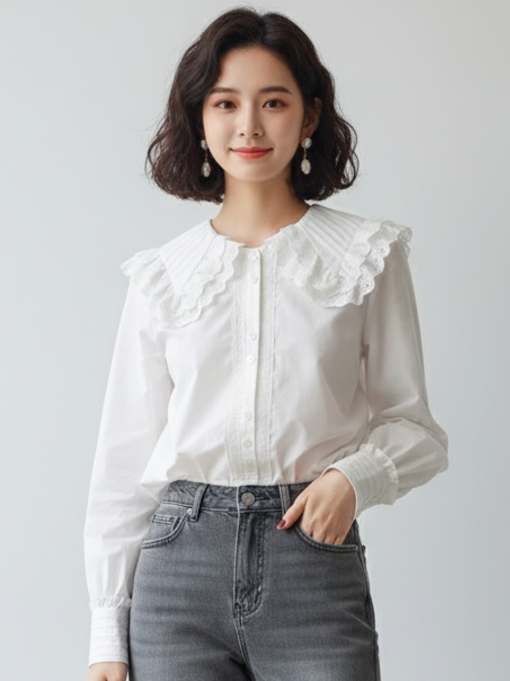 Tucked Lace Collar Blouse