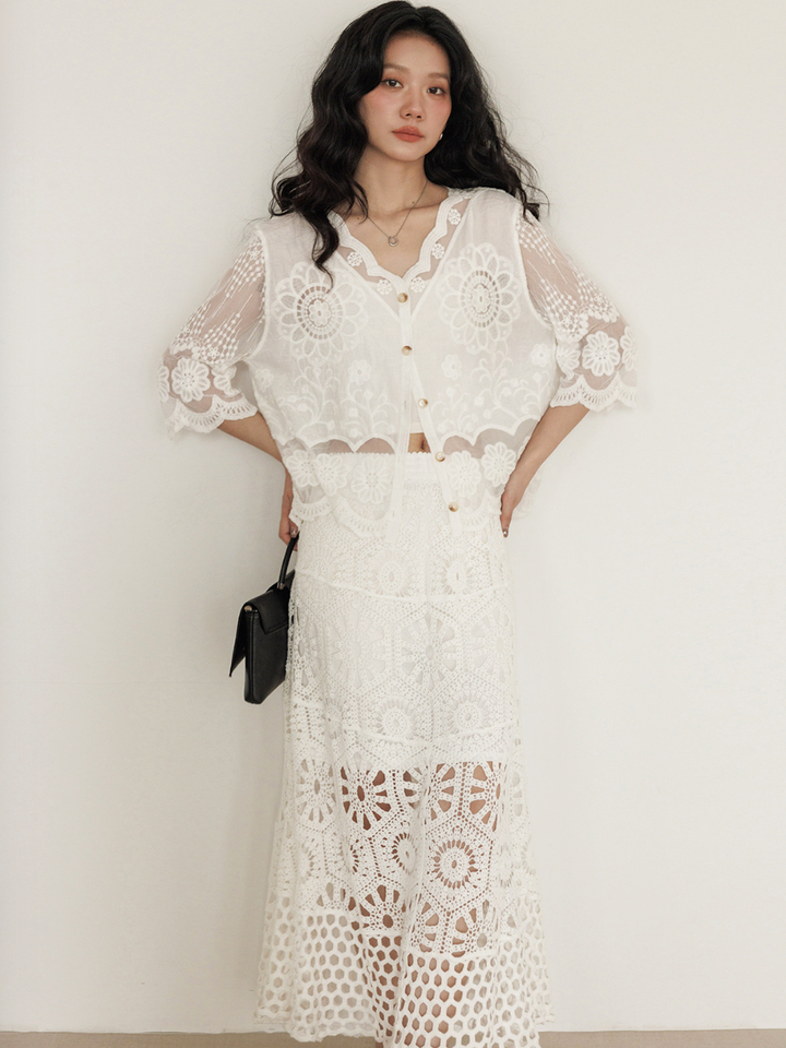 Sheer Floral Lace Cardigan Blouse
