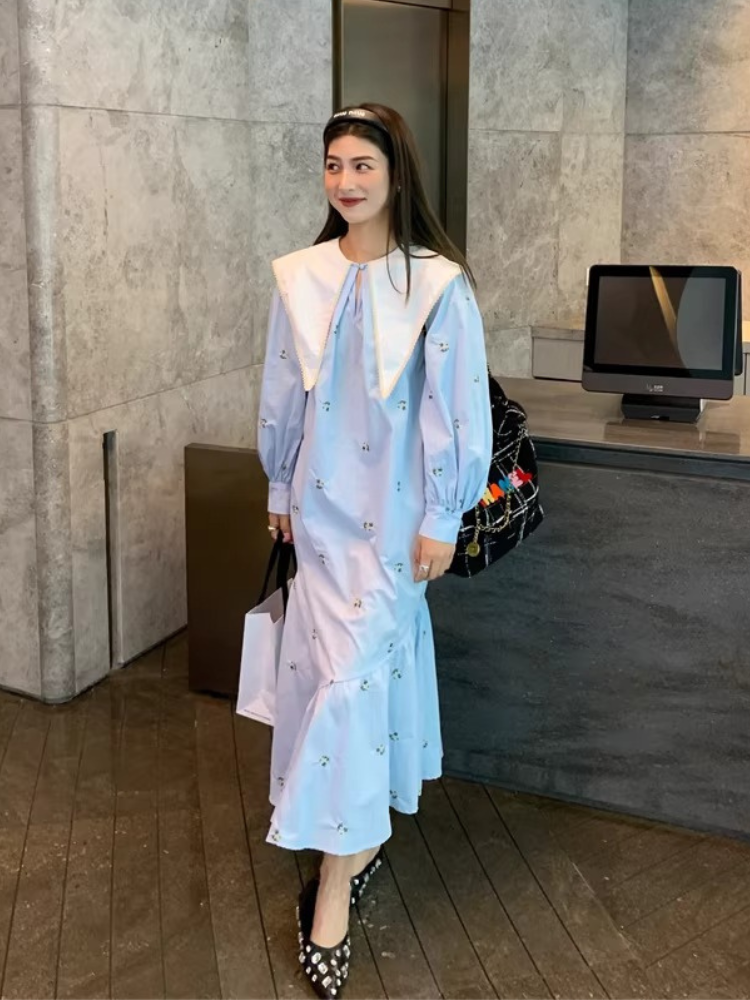 Embroidered Sailor Collar Shirt Dress