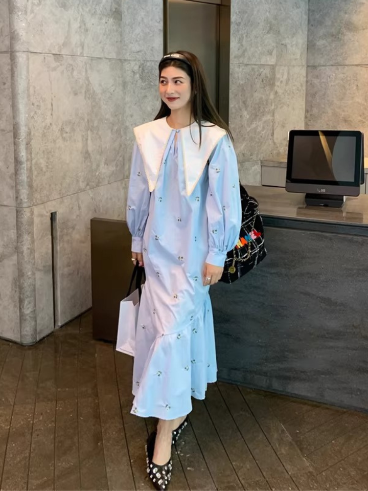 Embroidered Sailor Collar Shirt Dress