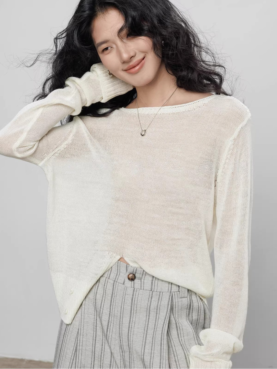 Front Slit Sheer Knit Top