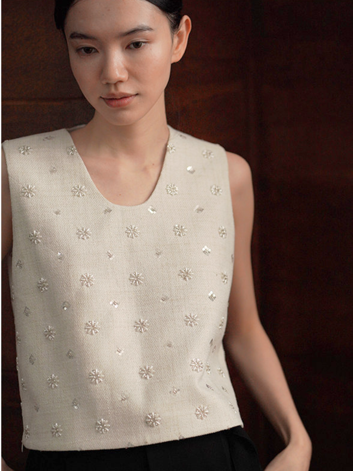 Floral Beaded Tweed Top