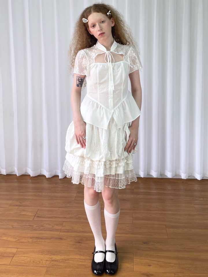 【Loose Smell】Lace Yoke Peplum Blouse