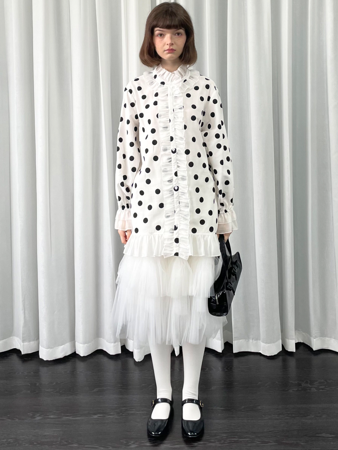 【Loose Smell】Polka Dot Frill Stand Collar Blouse