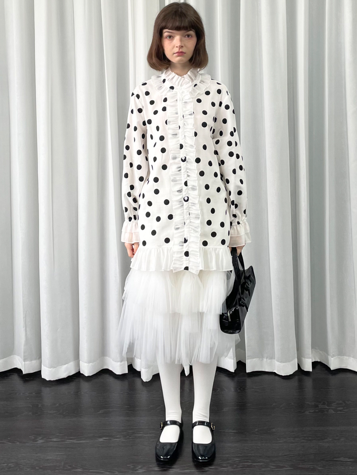 【Loose Smell】Polka Dot Frill Stand Collar Blouse