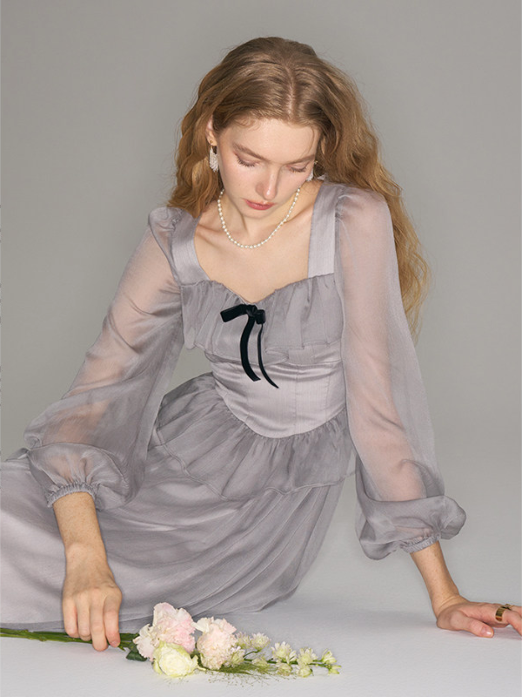 Sheer Ribbon Frill Dress