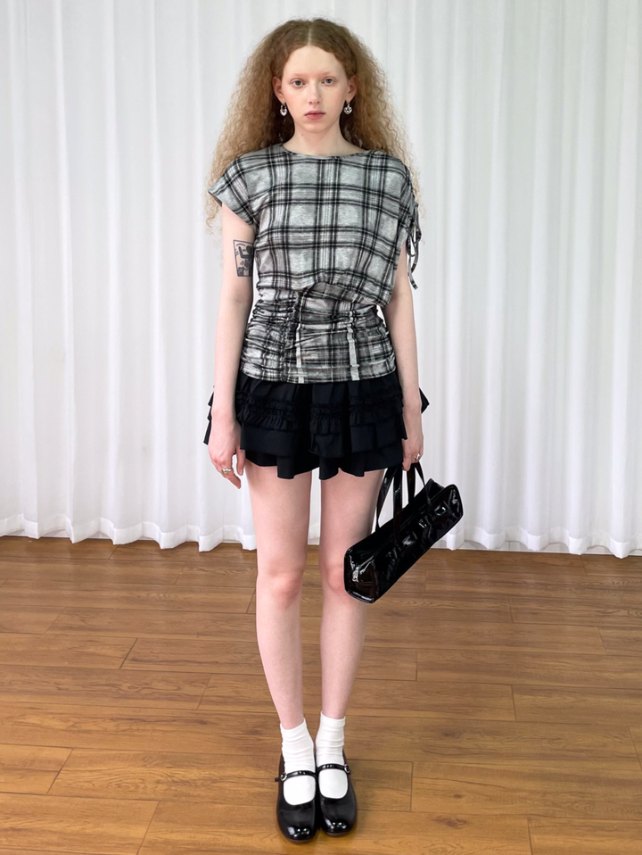 【Loose Smell】Drawstring Check Shirring Top