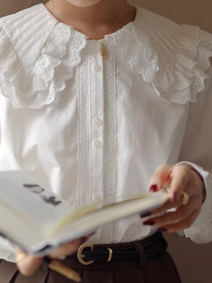 Tucked Lace Collar Blouse