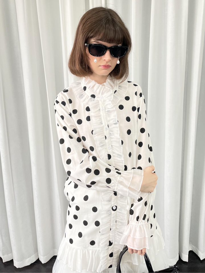 【Loose Smell】Polka Dot Frill Stand Collar Blouse