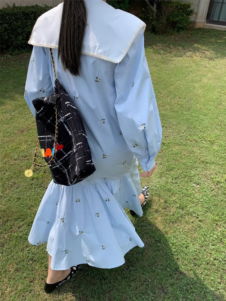 Embroidered Sailor Collar Shirt Dress