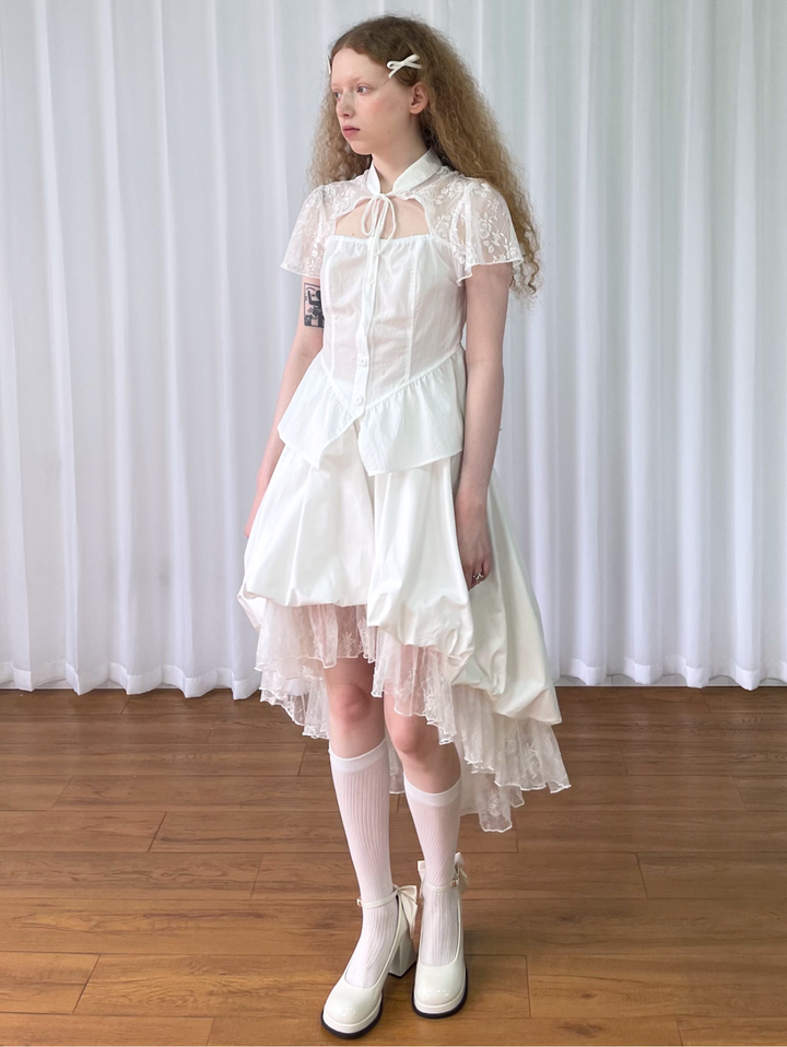 【Loose Smell】Lace Yoke Peplum Blouse