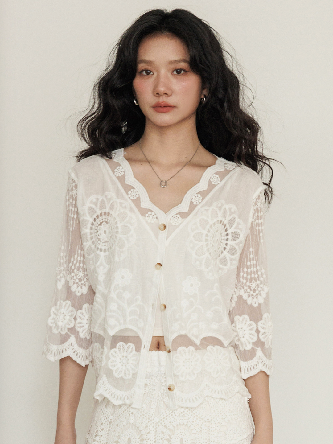 Sheer Floral Lace Cardigan Blouse