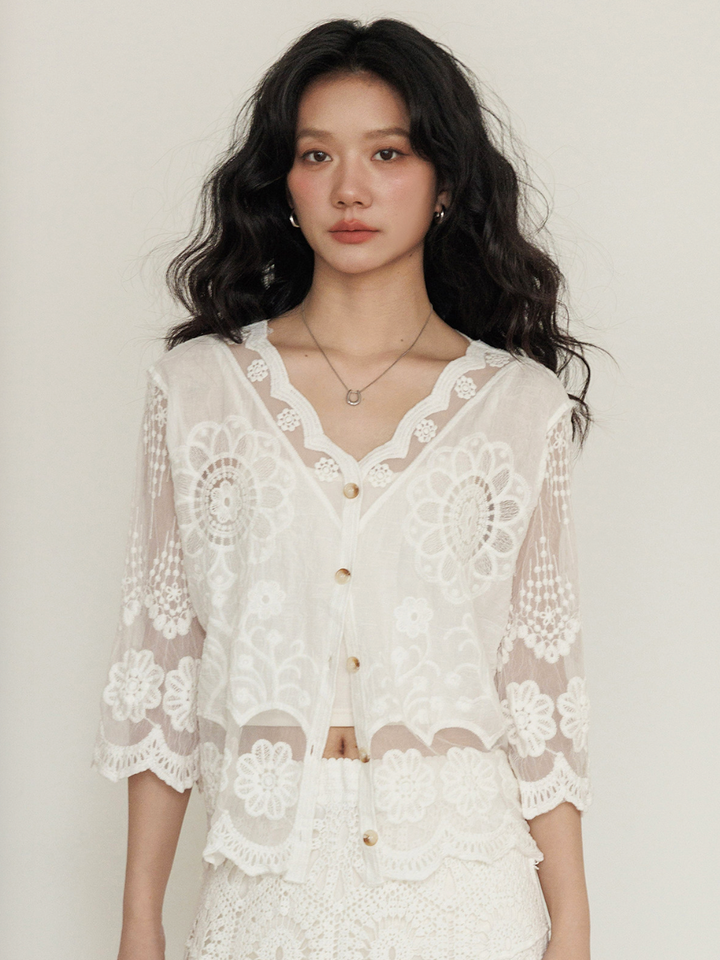 Sheer Floral Lace Cardigan Blouse