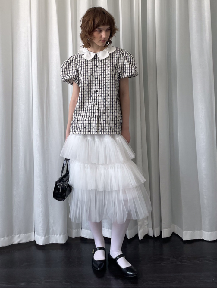 【Loose Smell】Petal Collar Floral Check Blouse