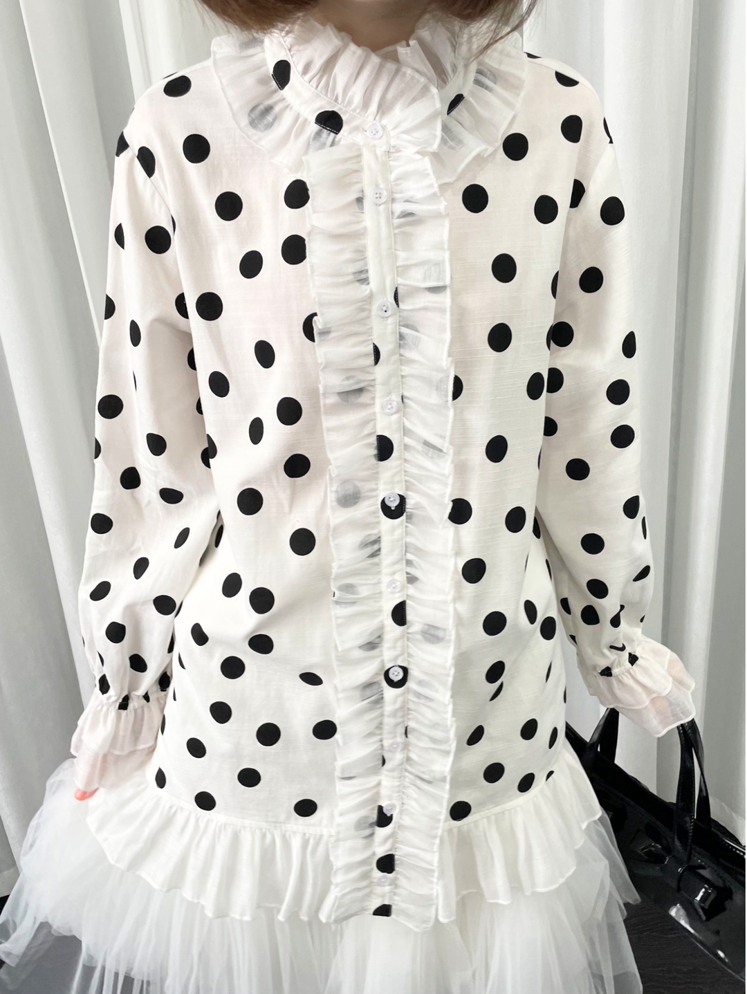 【Loose Smell】Polka Dot Frill Stand Collar Blouse