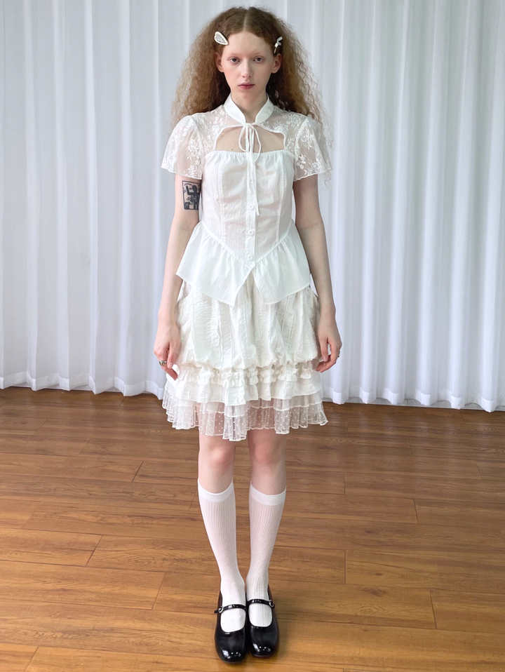 【Loose Smell】Lace Yoke Peplum Blouse