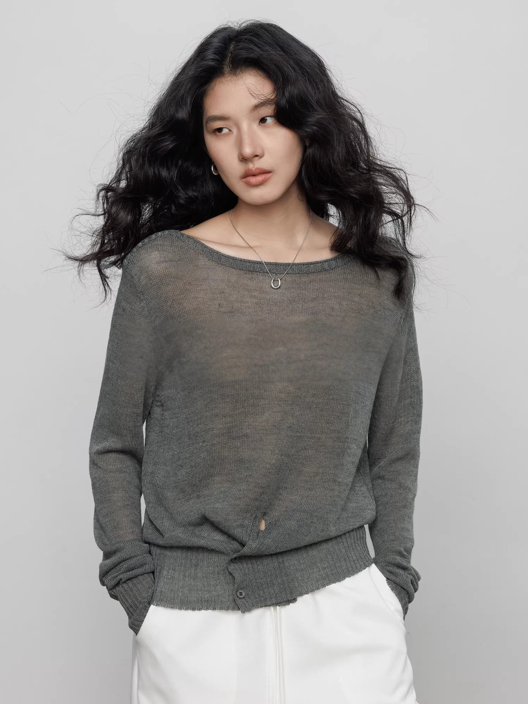 Front Slit Sheer Knit Top