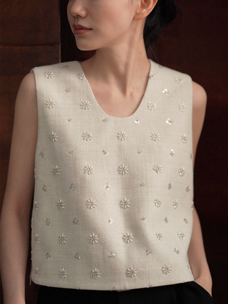 Floral Beaded Tweed Top
