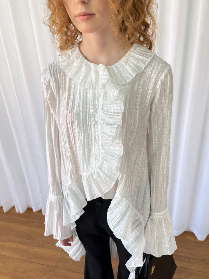 【Loose Smell】Pleated Ruffle Long Blouse