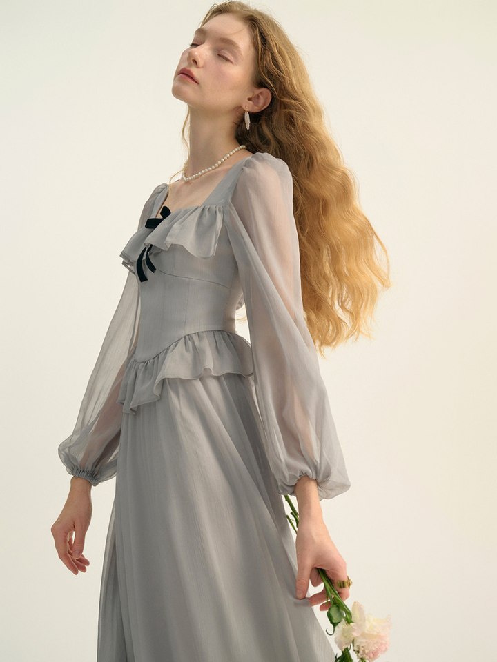 Sheer Ribbon Frill Dress
