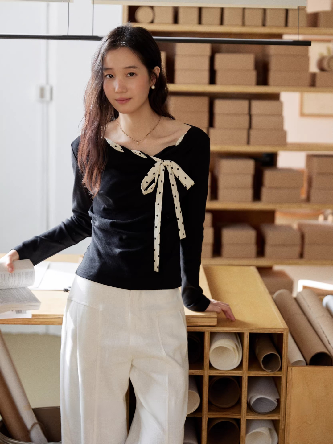 Dot Ribbon Asymmetric Cutsew
