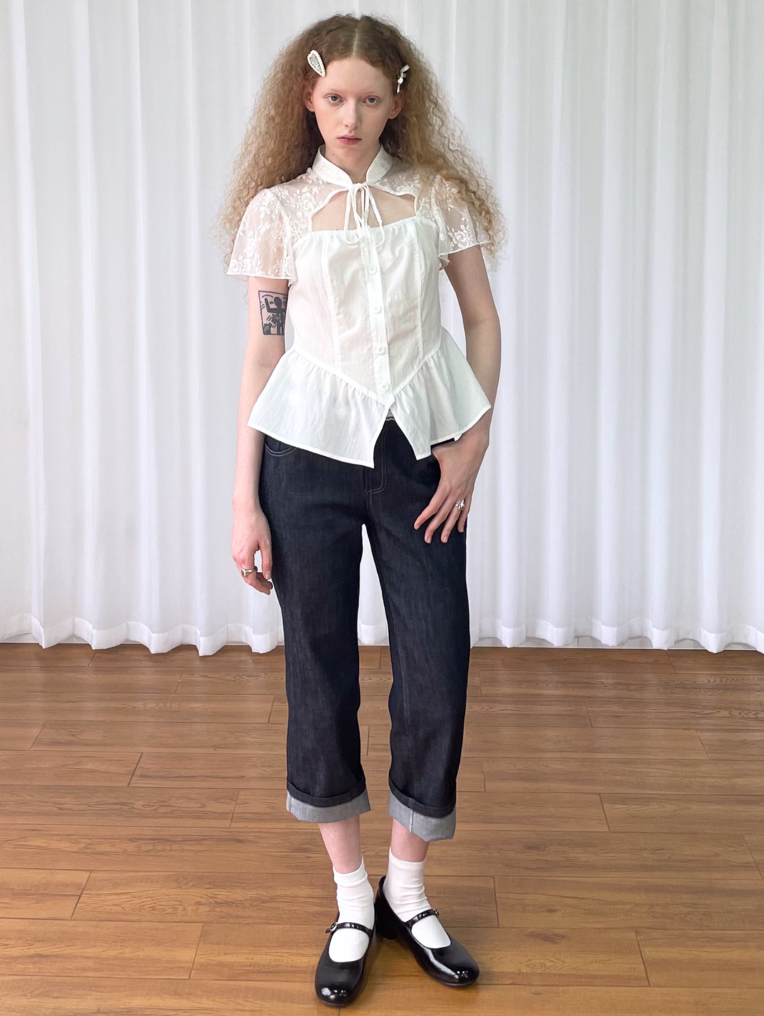 【Loose Smell】Lace Yoke Peplum Blouse