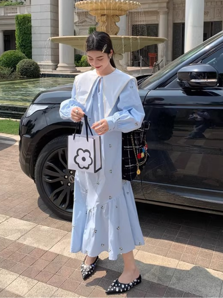 Embroidered Sailor Collar Shirt Dress