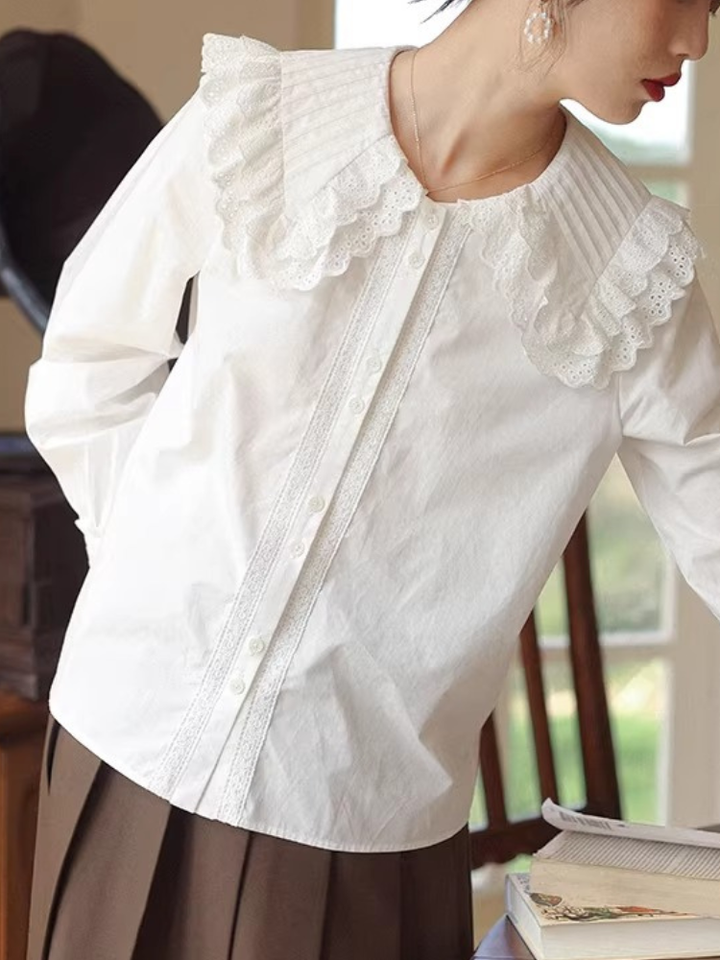 Tucked Lace Collar Blouse