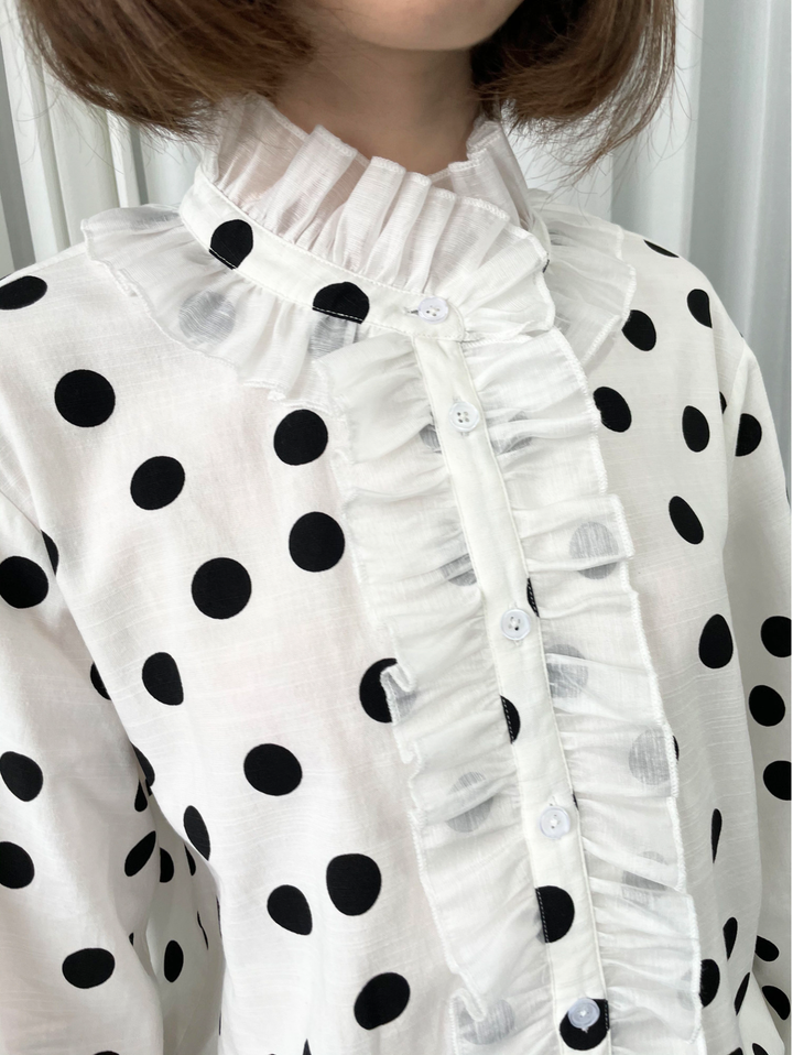 【Loose Smell】Polka Dot Frill Stand Collar Blouse