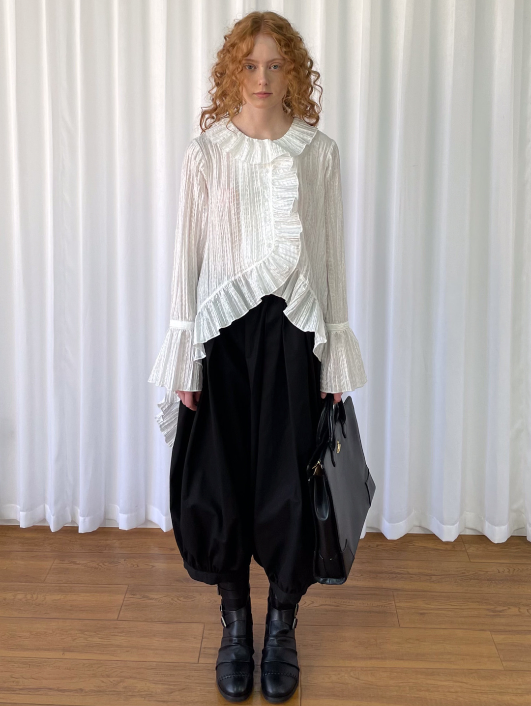 【Loose Smell】Pleated Ruffle Long Blouse