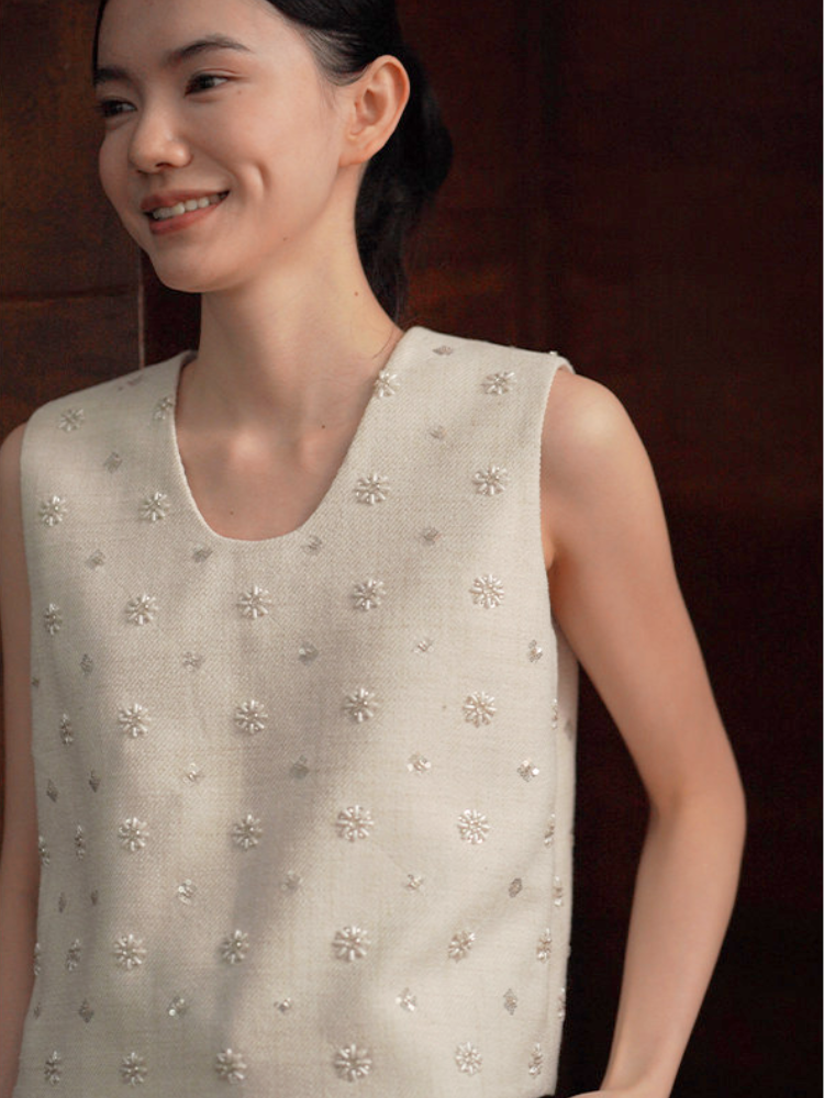 Floral Beaded Tweed Top