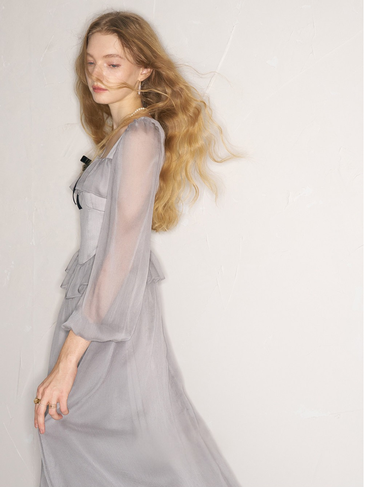 Sheer Ribbon Frill Dress