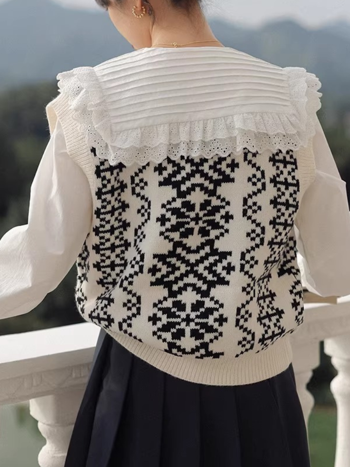 Tucked Lace Collar Blouse