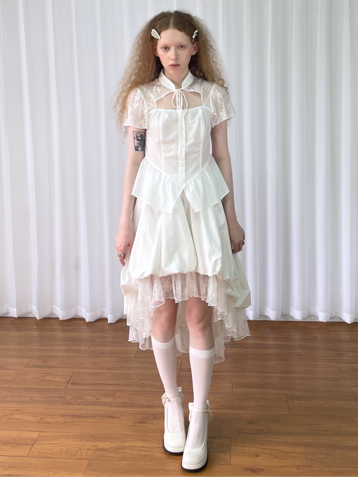 【Loose Smell】Lace Yoke Peplum Blouse