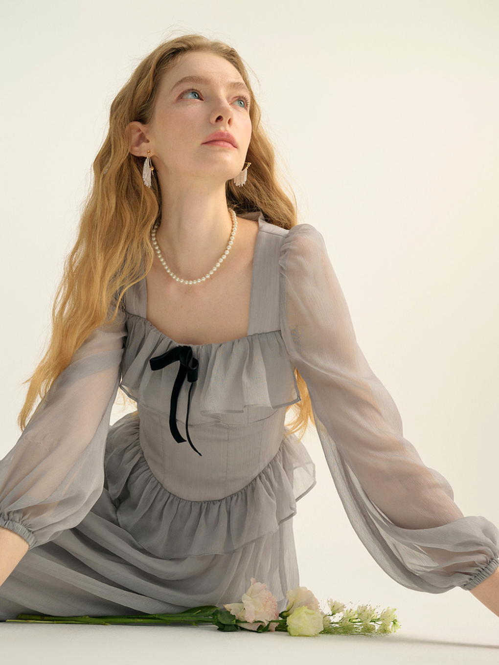 Sheer Ribbon Frill Dress