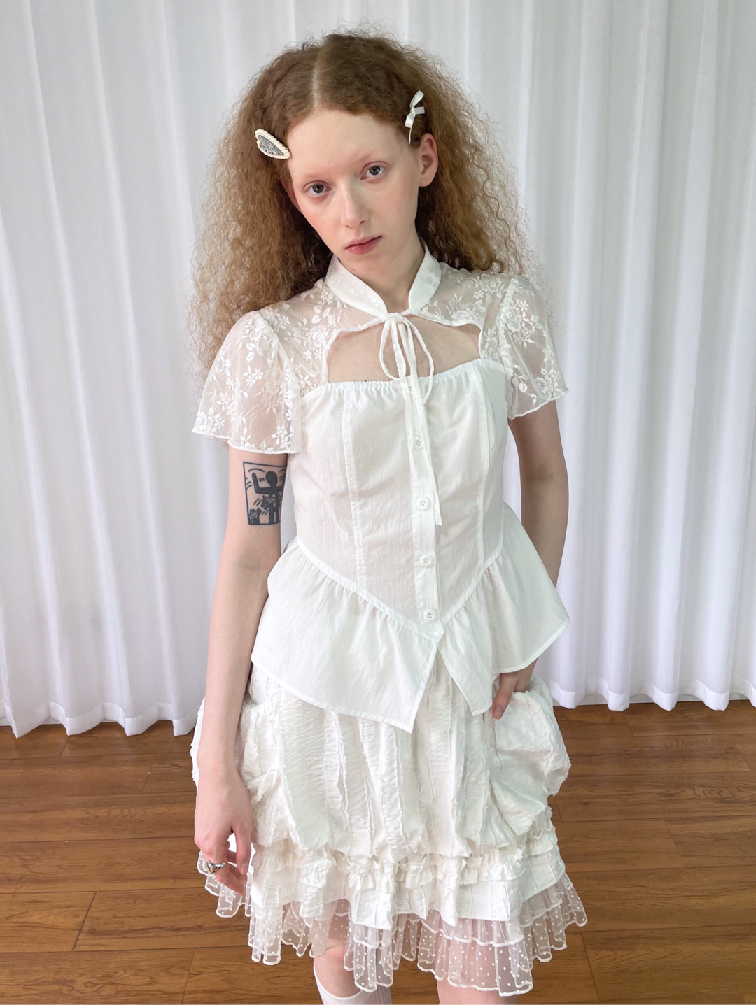 【Loose Smell】Lace Yoke Peplum Blouse