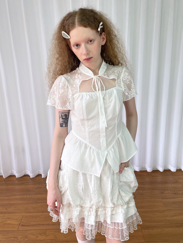 【Loose Smell】Lace Yoke Peplum Blouse