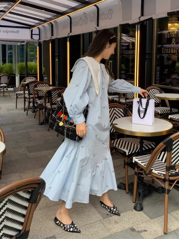 Embroidered Sailor Collar Shirt Dress