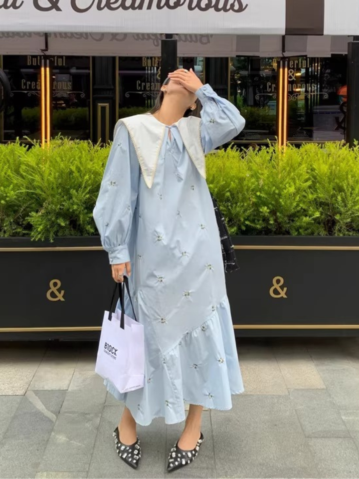 Embroidered Sailor Collar Shirt Dress