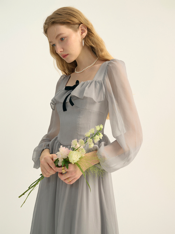 Sheer Ribbon Frill Dress