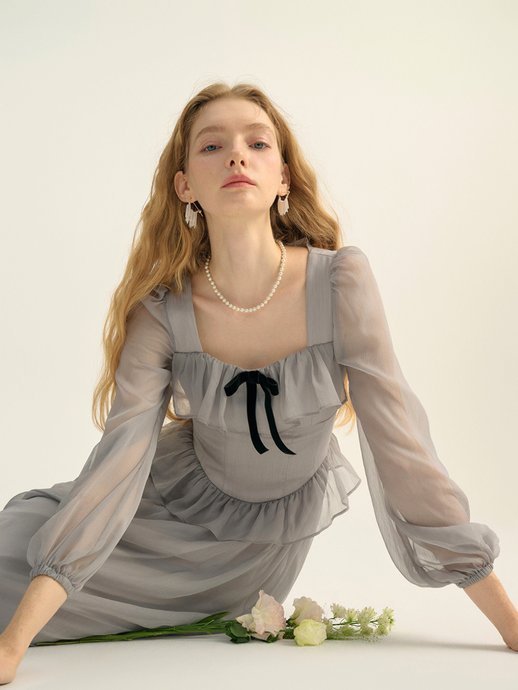 Sheer Ribbon Frill Dress