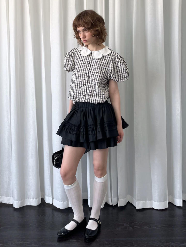 【Loose Smell】Petal Collar Floral Check Blouse