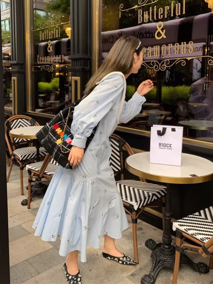 Embroidered Sailor Collar Shirt Dress