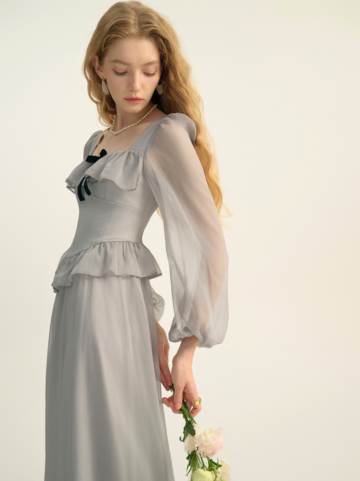 Sheer Ribbon Frill Dress